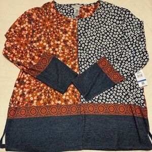 Multiples Autumn Hues Mix Print Top XL Blue Rust Pull Over Crew Neck Soft